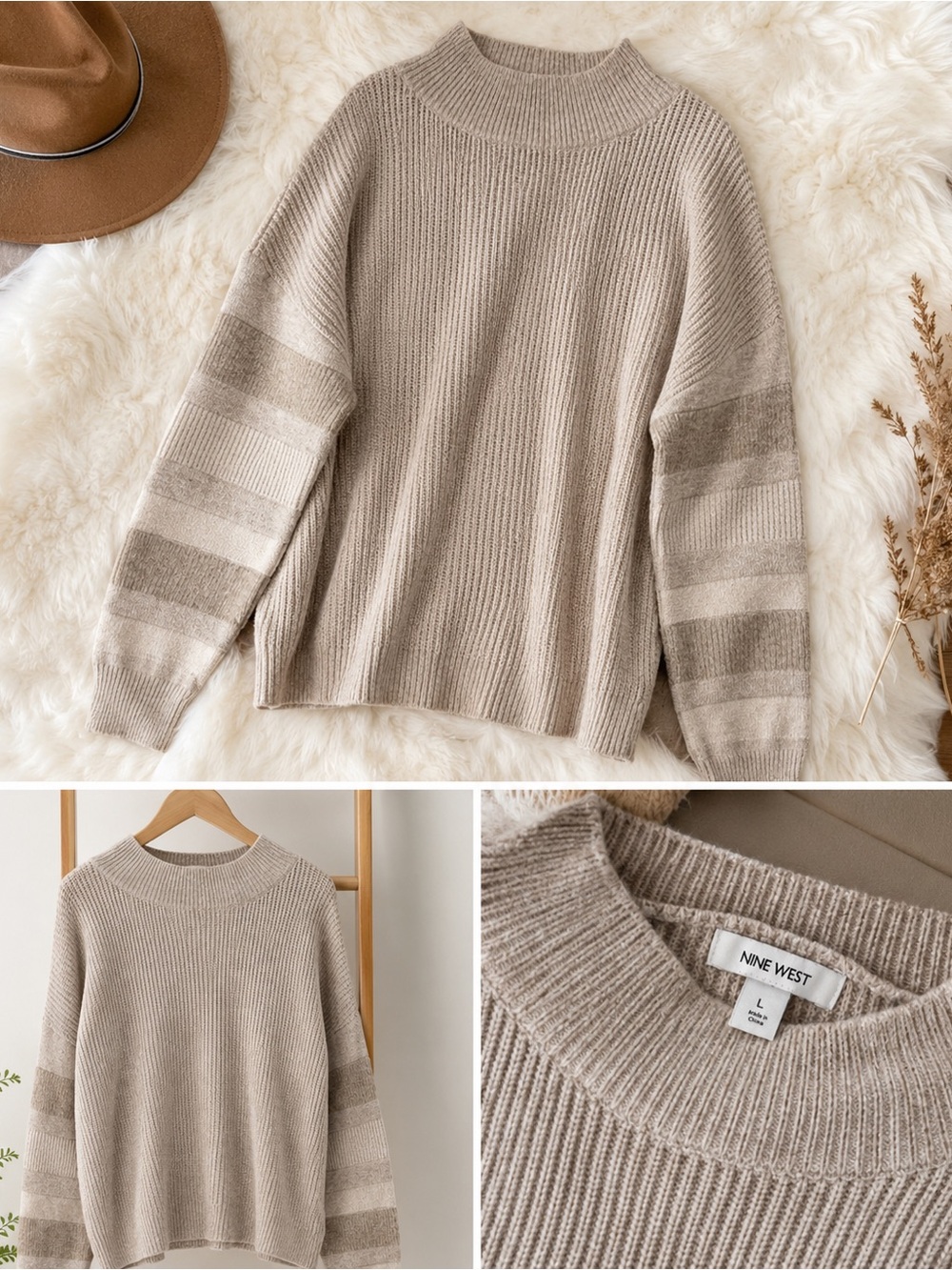 Nine West Taupe Striped Sleeve Ribbed Mock-Neck Sweater